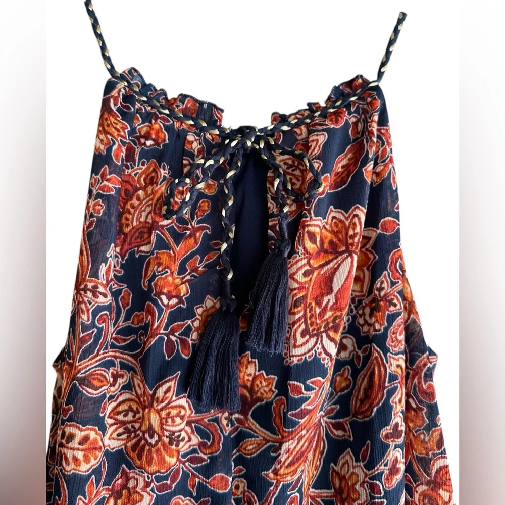 Xhileration Floral Maxi Boho Dress - Navy & Orange Floral. Tassel Ties & Slits - Picture 5 of 11